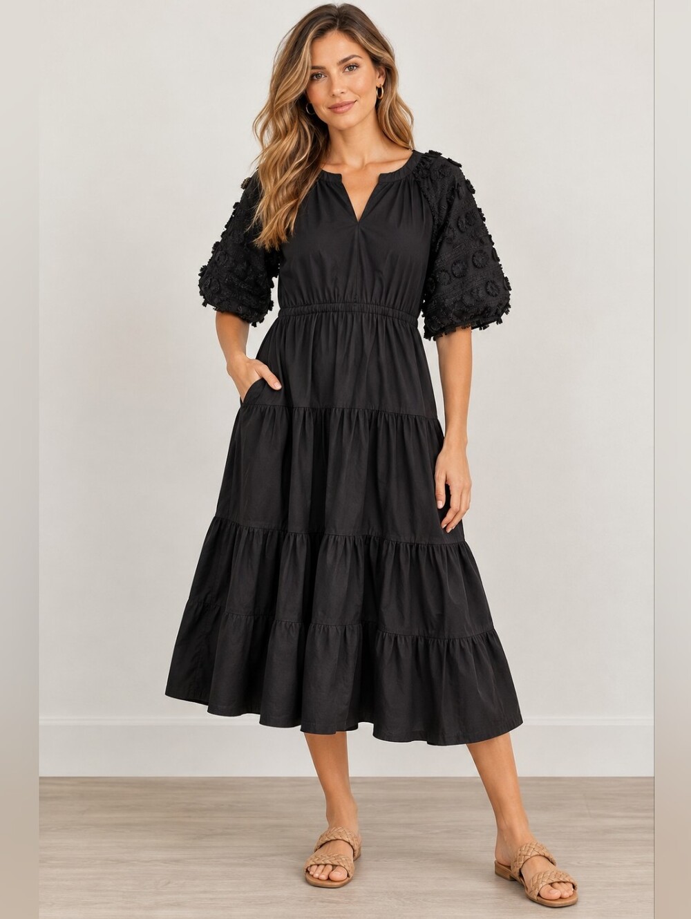 Chico’s Black Tiered Midi Dress Size 1.5 US 10 Textured Statement Sleeves Boho